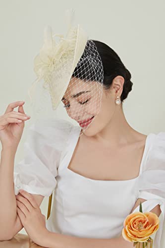 BABEYOND Fascinators Hats for Women Pillbox Kentucky Hat with Feather Veil - color: Off-white