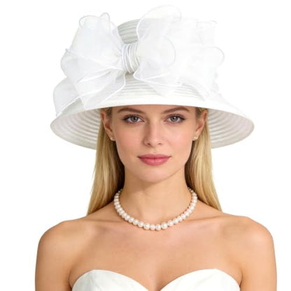 Ruphedy Women Derby Church Dress Bucket Hat Fascinators Tea Party Wedding Hat - color: S051-white