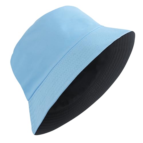 PFFY Reversible Bucket Hat for Women Men Cotton Sun Beach Fishing Cap - color: Black/Skyblue (Reversible)