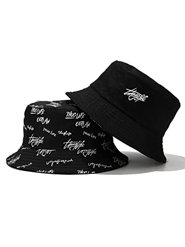 Packable Reversible Printed Bucket Hat Unisex for Men Women Beach Fisherman Cap - color: Black