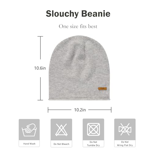 100% Merino Wool Slouchy Beanie Hat, Women Warm Winter Caps Soft, Ladies Breathable & Cozy Stretchy Knitted Skull Cap - color: Light Gray