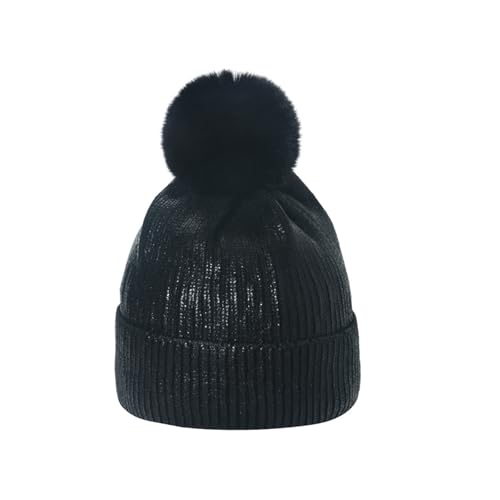 Metallic Winter Cable Knit Beanie Hat Cap Warm Soft Skull Caps with Furry Fur Pom Pom - color: Black