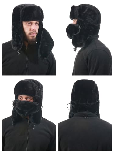 Ushanka Winter Trapper Hat Men Women Faux Rabbit Fur Russian Aviator Hat with Ear Flaps Face Mask Warm Cold Weather - color: Dark-gray