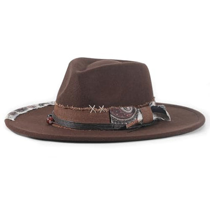 Big Brim Fedora Mens Women Boho Hat Handmade Dress Up Hats - color: Brown