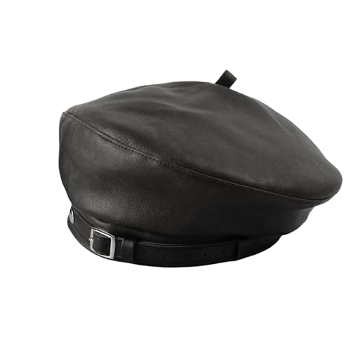 MINGSEECESS Women PU Leather French Black Beret Hat Causal Beanie Hat - color: Belt-brown