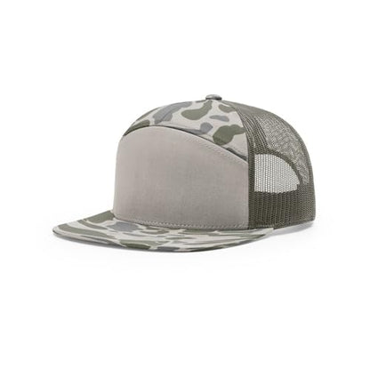 Richardson 168 Hi-Pro 7 Panel Adjustable Snapback Trucker Mesh Back Cap - color: Marsh Duck Camo/Loden