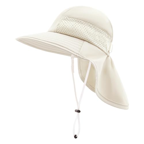 XIAOHAWANG Girls Sun Hat Baby Beach Hats Boys UPF 50+ Kids Summer Protection Cap Toddler Breathable Caps Wide Brim Neck Flap - color: Beige, size: 6-12 Months