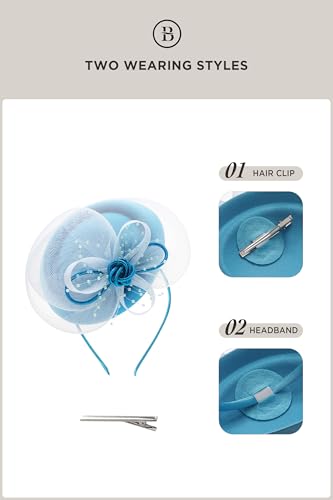 BABEYOND Fascinators Hats for Women Tulle Pillbox Knot Bead Tea Party Hat - color: Light Blue