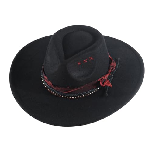 Big Brim Fedora Mens Women Boho Hat Handmade Dress Up Hats - color: Blackred