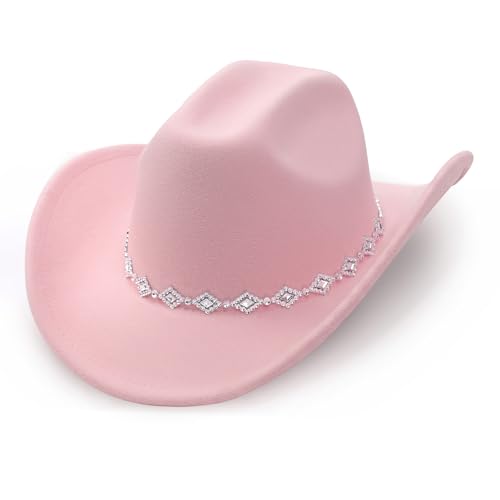 DRESHOW Women's Western Cowboy Hat Rhinestone Cowboy Cowgirl Hat Glitter Wide Brim Felt Fedora Hats Unisex Rolled up Caps - color: 1 Pack Style 11: Light Pink