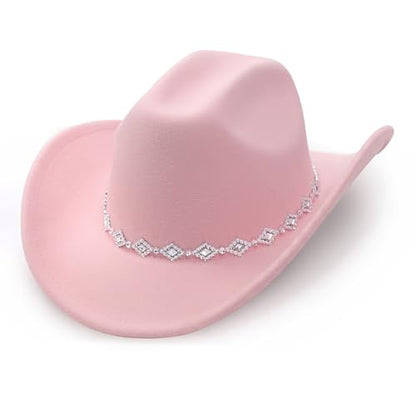 DRESHOW Women's Western Cowboy Hat Rhinestone Cowboy Cowgirl Hat Glitter Wide Brim Felt Fedora Hats Unisex Rolled up Caps - color: 1 Pack Style 11: Light Pink