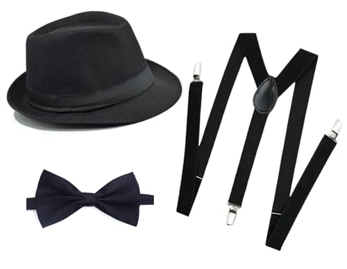 1920s Mens Costume Fedora Hat Gatsby Gangster Accessories Suspenders & Pre Tied Bow Tie - color: Black a, size: Large（59-60cm）