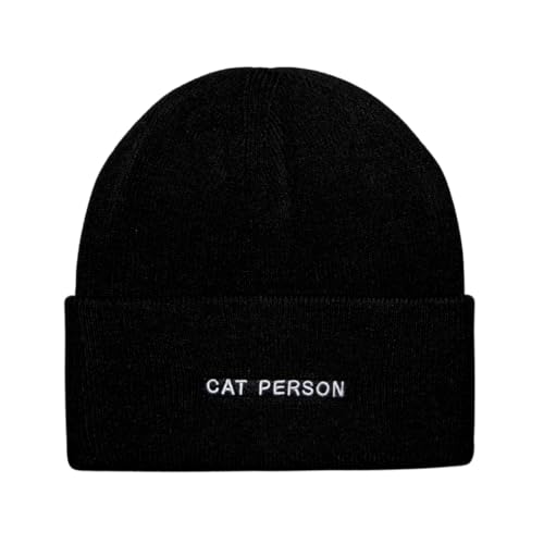 Cat Mom Cat Dad Beanie Collection – Jacquard Pom Pom Hats & Double-Layer Embroidered Beanies for Pet Lovers - color: Cat Person Black