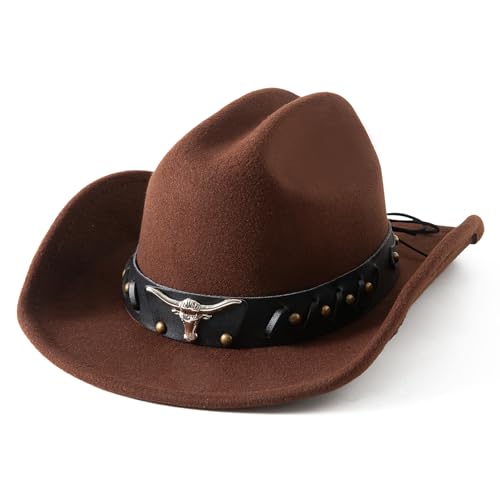 Lanzom Cowboy Hat for Women and Men with Shapeable Wide Brim Felt Western Hats for Cowboys and Cowgirls - color: Coffee