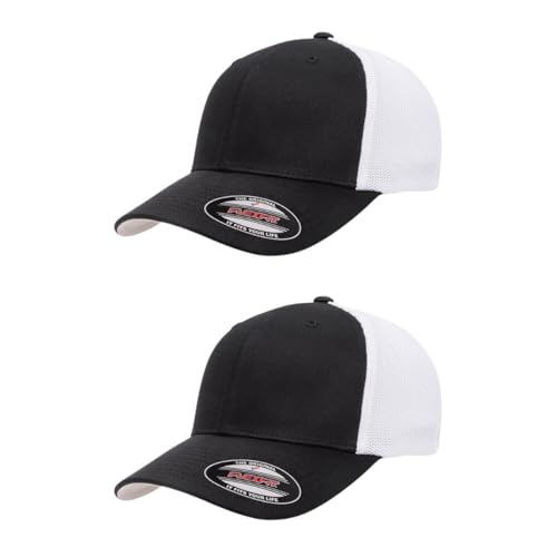 Flexfit 6511 Fitted Mid-Profile Stretchable Mesh Panels Trucker Cap - color: Black/White, size: Large-X-Large