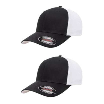Flexfit 6511 Fitted Mid-Profile Stretchable Mesh Panels Trucker Cap - color: Black/White, size: Small-Medium