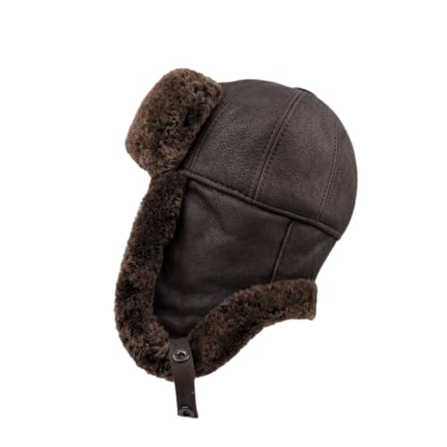 Leather Aviator Russian Ushanka Trapper Shearling Sheepskin Fur Ear Flap Waterproof Winter Hat - color: Brown, size: Medium