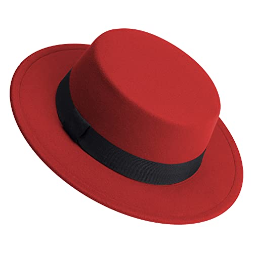 Classic Fedora Hat Flat Top Hat Felt Pork Pie Hat Wide Brim Church Derby Cap for Women and Men - color: Red