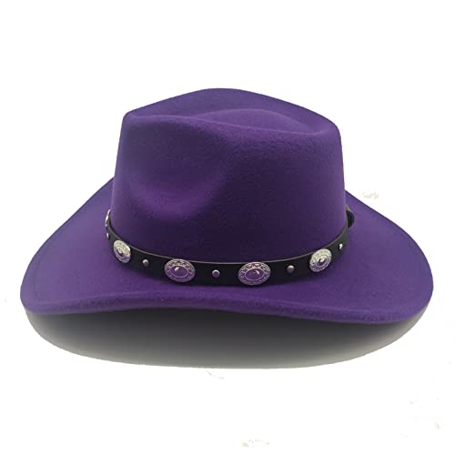 Classic Western Cowboy Hat Cowgirl Hat Unisex Men's & Women's Wide Brim Felt Fedora Hat Flat Top with Buckle Belt - color: Purple, size: 7-7 1/4