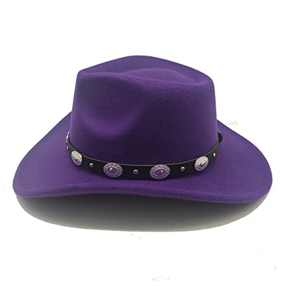 Classic Western Cowboy Hat Cowgirl Hat Unisex Men's & Women's Wide Brim Felt Fedora Hat Flat Top with Buckle Belt - color: Purple, size: 7-7 1/4