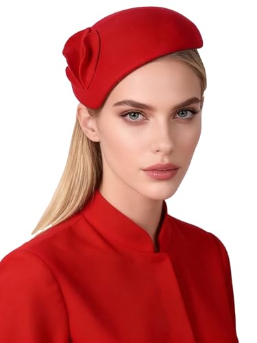 HIMESPORT Wool Felt Fascinator Hats for Women Ladies Female Wedding Cocktail Tea Party Dress Pillbox Hat - color: Red 2