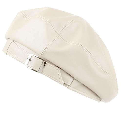 Women Buckle Spring Fall Winter Faux Leather Beret Classic British Style Hat - color: White