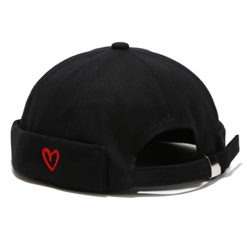 Men Docker Cap Brimless Skullcap Sailor Cap Rolled Cuff Retro Beanie Hat with Adjustable - color: Heart Black