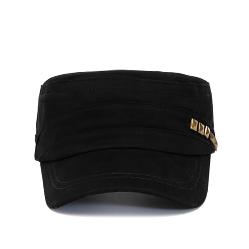 Military Cadet Army Cap for Men Women-Washed Cotton Vintage Adjustable Flat Top Baseball Hat - color: Studded Black