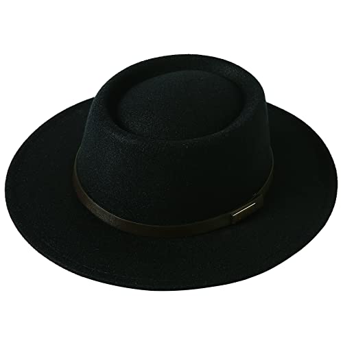 Lanzom Women Vintage Wide Brim Warm Wool Fedora Hat Belt Panama Hat Felt Jazz Hat - color: Black