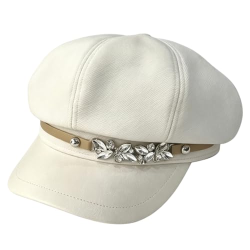 Newsboy Cabbie Baker Hat Octagonal Beret Cap Pageboy Visor Paperboy Hats Sailor Fiddler Caps for Women Men - color: Rhinestone Beige