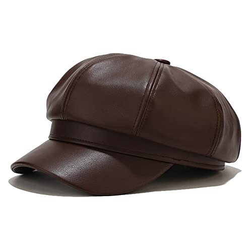 Womens PU Leather Newsboy Cap Paperboy Newsie Cap Bakerboy Beret Cabbie Hat - color: Dark Brown