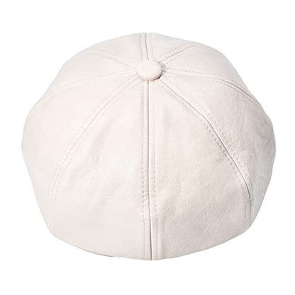 ZLYC Womens PU Leather Newsboy Caps Gatsby Cabbie Hat for Girls - color: Cream White, size: Medium