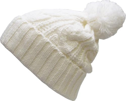 KBETHOS Women's Winter Warm Thick Oversize Knitted Beanie Hat with Pom Pom - color: White Cable Knit Pom Beanie