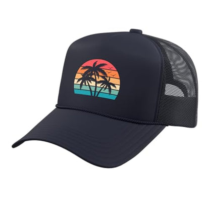 Retro Tropical Beach Palm Trees Hawaii Sunset Men Women Kids Trucker Hat with Adjustable Mesh Back - color: Navy Blue