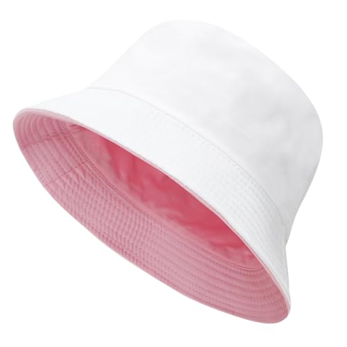NPQQUAN Reversible Bucket Hats for Men Woman Packable Foldable Sun Hats for Women - color: White/Pink(reversible)