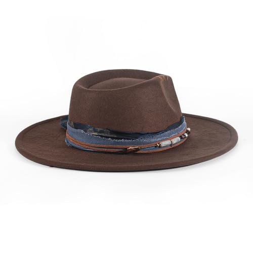 Big Brim Fedora Mens Women Boho Hat Handmade Dress Up Hats - color: Chocolate