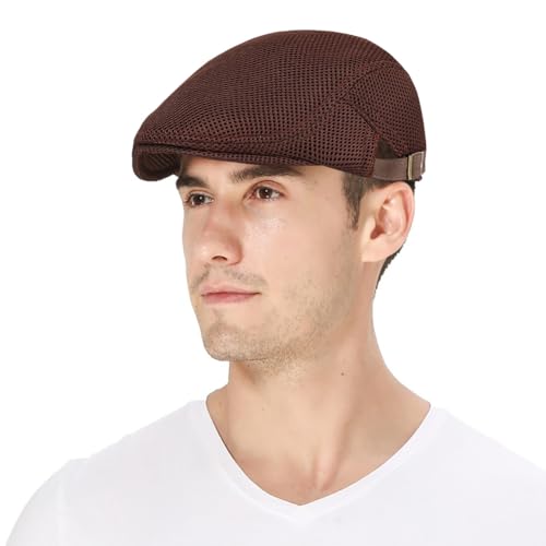 DIYDECAL Mens Breathable Mesh Summer Hat Adjustable Newsboy Beret Ivy Cap Cabbie Flat Cap - color: Brown
