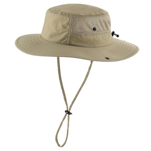 Home Prefer UPF50+ Mens Sun Hat Wide Brim Womens UV Protection Beach Bucket Hat for Fishing Hiking Snap Up Cowboy Hat - color: Light Vert Khaki