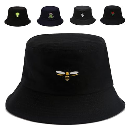 Cotton Bucket Hat for Women Men Summer Travel Sun Beach Bucket Cap, Unisex Outdoor Fisherman Hat - color: Bee