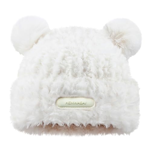 Cute Fuzzy Bear Ears Beanie Hat with Pompom Women's Furry Beanie - color: White