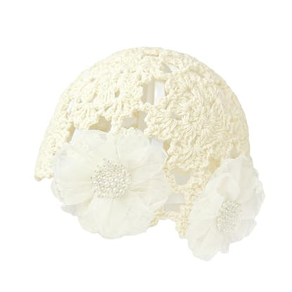 Crochet Hat Cap Cute Summer Beanies with Pearl Decor Boho Knit Mesh Hat - color: White Flower