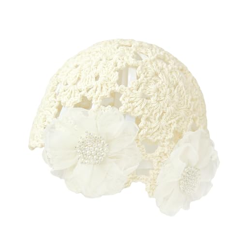 Crochet Hat Cap Cute Summer Beanies with Pearl Decor Boho Knit Mesh Hat - color: White Flower