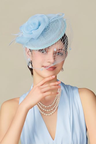 BABEYOND Fascinators Hats for Women Flower Veil Feather Pillbox Derby Hat - color: Light Blue