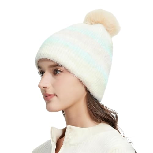 Women‘s Slouchy Knitted Beanie with Pom - Fleece Lined, Ribbed Cap with Stripes - color: Yellow