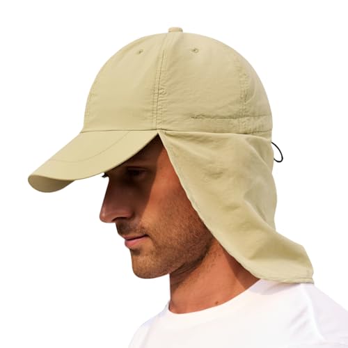 American Trends Mens Sun Hat with Neck Flap, UV Protection Outdoor Flap Hat, Packable Soft Fishing Hiking Gardening Hat - color: Khaki