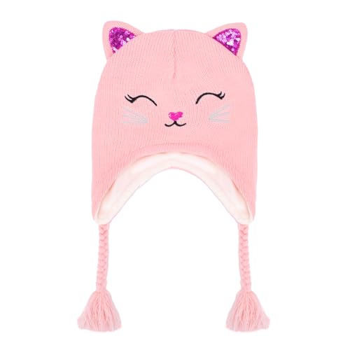 Toddler Girls Cat Ear Winter Hat Warm Knit Beanie Kids Earflap Cap for Cold Weather - color: Knitted Cat Pink