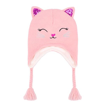 Toddler Girls Cat Ear Winter Hat Warm Knit Beanie Kids Earflap Cap for Cold Weather - color: Knitted Cat Pink
