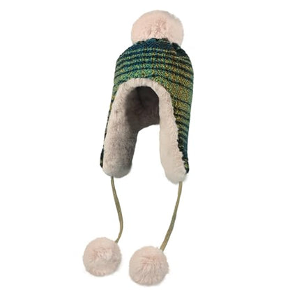 Women Winter Pompom Beanie Hat Fleece Lined Earflap Snow Ski Cap Sherpa Crochet Ushanka Skull Cap Outdoors Ear Cover - color: Green