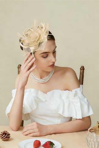 BABEYOND Fascinator Hats for Women Linen Flower Feather Tea Party Derby Hat - color: Beige