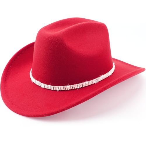 Western Cowboy Hats for Women Classic Felt Wide Brim Fedora Hat with Belt Buckle Retro Panama Hat Unisex Rolled up Cap - color: 1 Pack : Red With 3 Rhinestones Bands